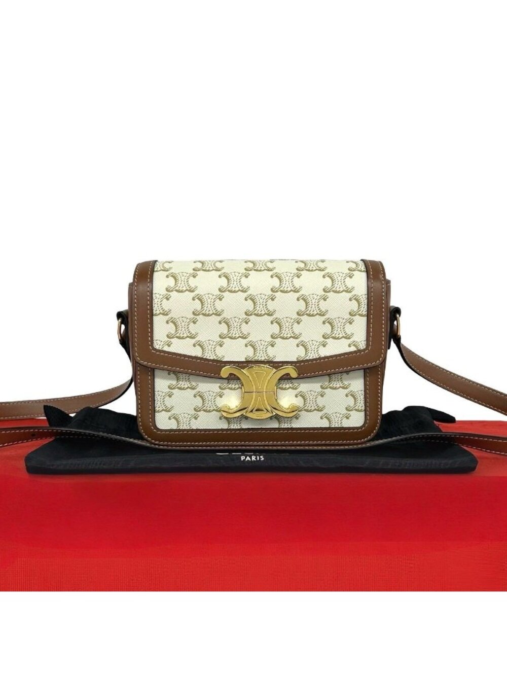 Celine Teen Triomphe Logo Leather Shoulder Bag Pochette Brown Ivory
